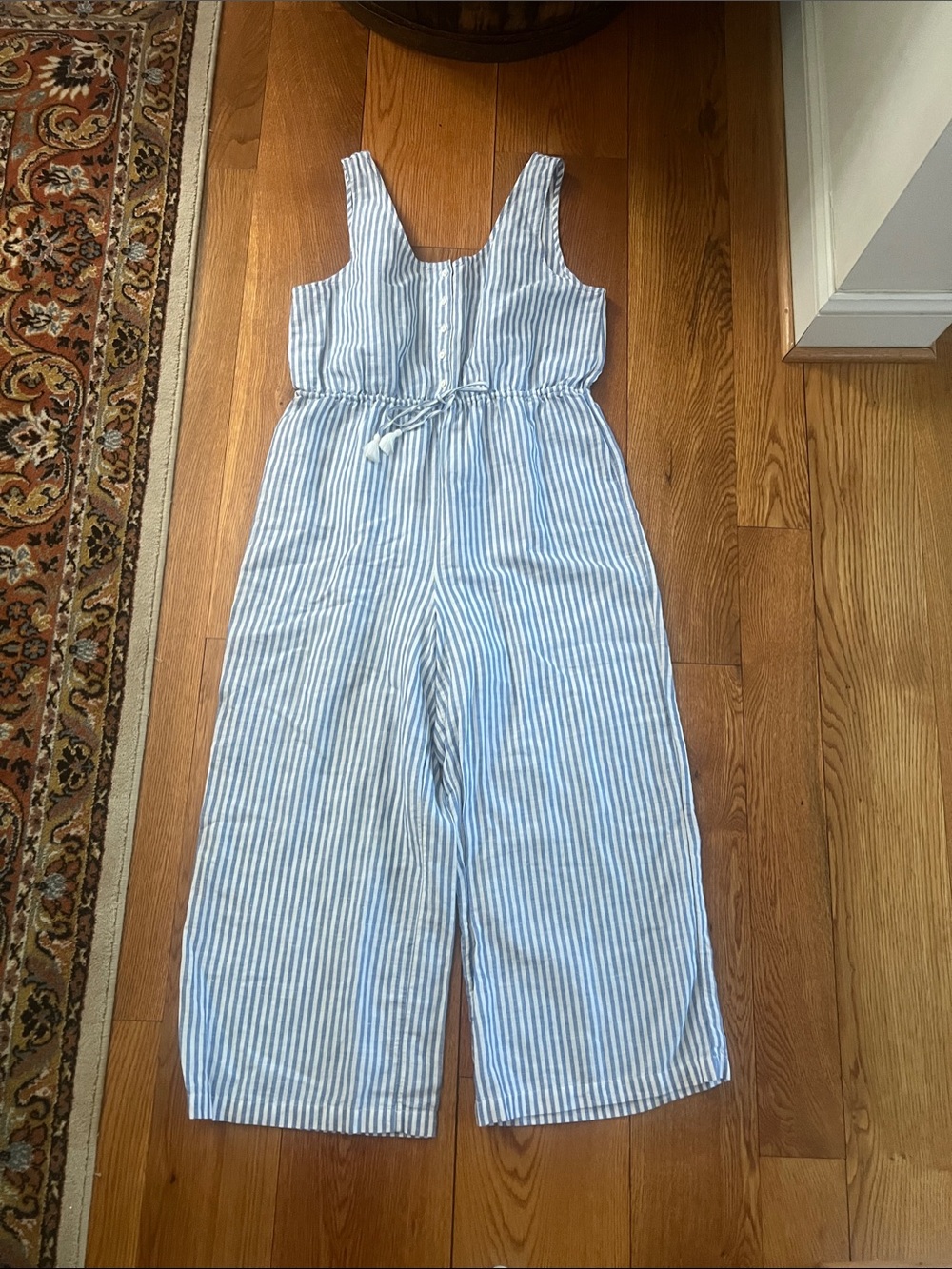J. Crew Blue and White Striped Linen-Cotton Jumpsuit